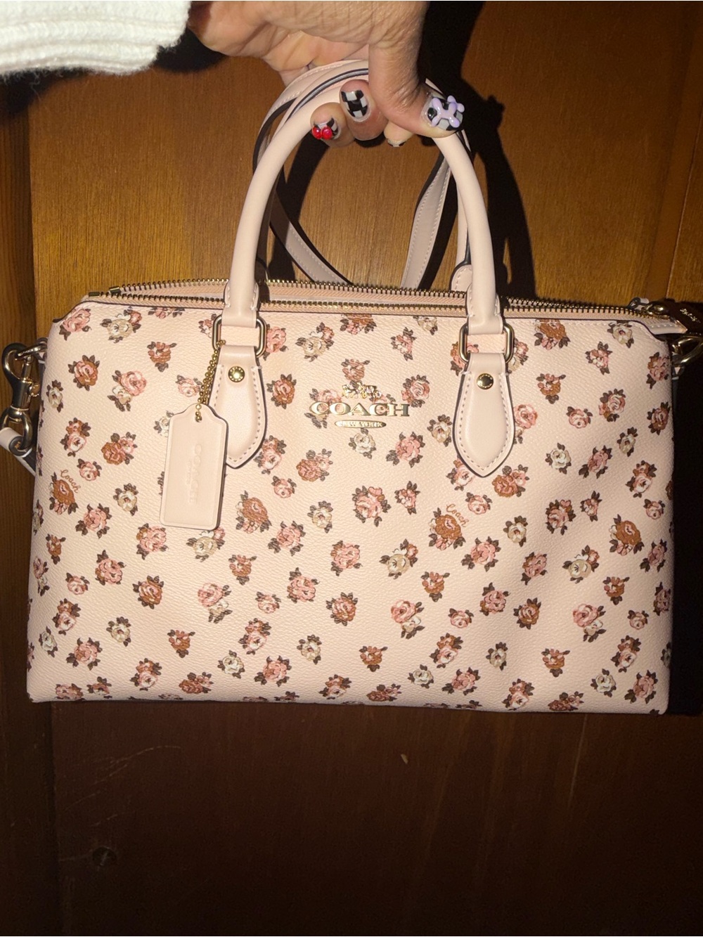 Coach Blush Pink Floral Leather Satchel with Gold Hardware